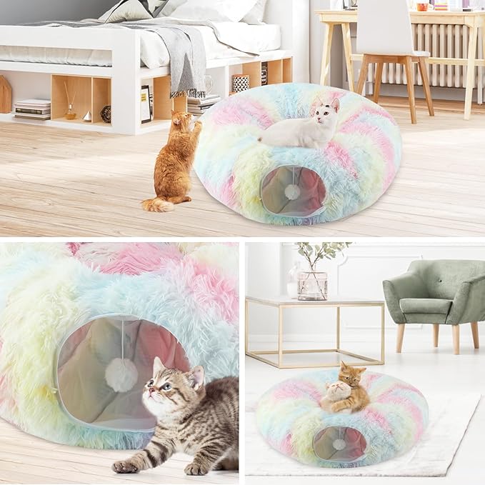 Plush Cat Tunnel Bed for Indoor Cats, Collapsible Cat Donut Tunnel with Central Mat, Fluffy Cats Cave Tube with Hanging Ball for Kitten Rabbit Puppy Ferret (Color)