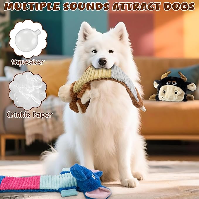 3 Pack No Stuffing Dog Squeaky Toys, Dog Chew Toys with Crinkle and Squeaker, Cute Animal PlushToys to Keep Them Busy, Suitable for Large, Medium and Small Breeds （Elephant&Monkey&Cattle