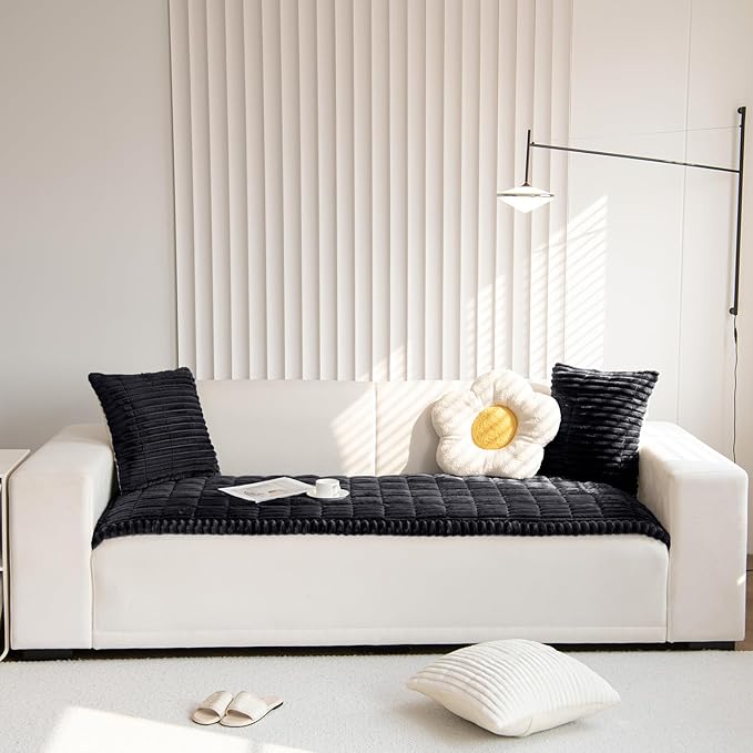 Faux Fur Plush Dog Couch Cover 3D Stripe Fuzzy Sofa Cover Non-Slip Fluffy Dog Bed Cover Pet Blanket Sofa Couch Furniture Protector for Puppy Large Dog Cat (Black,28"x47")