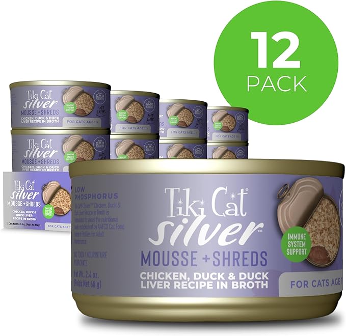 Tiki Cat Silver Comfort Mousse + Shreds, Chicken & Duck and Duck Liver, Immune System Support Formulated for Older Cats Aged 11+, Senior Wet Cat Food, 2.4 oz Cans (Pack of 12)