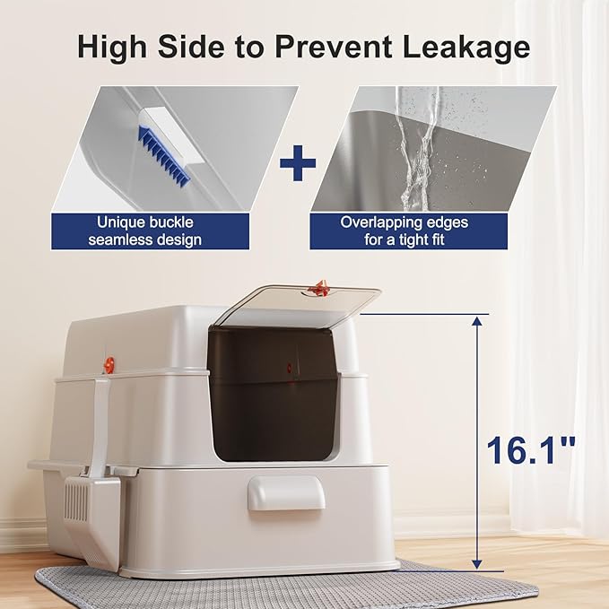 FURTIME Stainless Steel Litter Box with Lid, XL Extra Large Cat Litter Box for Big Cats, Enclosed Drawer Metal Litter Boxs with High Sided Enclosure & Mat, Front & Top Entry, Odor Free, Anti-Leakage