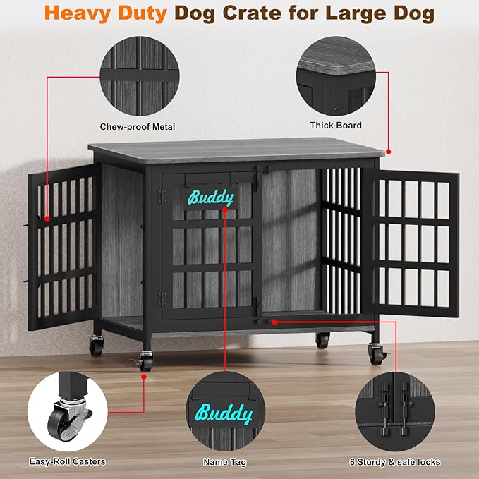 EasyCom 33"/27" Dog Crate Furniture with Name Tag, Heavy Duty Dog Kennel Indoor for Medium and Small Dogs, Double-Doors Sturdy Metal Dog Cage, Decorate House as TV Stand, End Table, Bedside Table