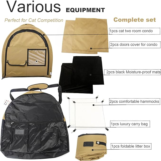 porayhut Mispace Portable Twin Compartment Show House Cat Cage/Condo - Easy to Fold & Carry Kennel - Comfy Puppy Home & Dog Travel Crate with Portable Carry Bag/Hammocks/Mats and Litter Box