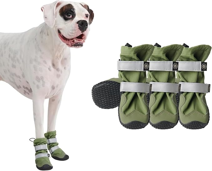Spark Paws Dog Shoes, Waterproof Dog Boots for Medium to Large Dogs, Non Slip, Breathable Dog Booties and Paw Protectors - 4PCS Doggie Hiking Boots with Reflective Straps - Green - Size 7