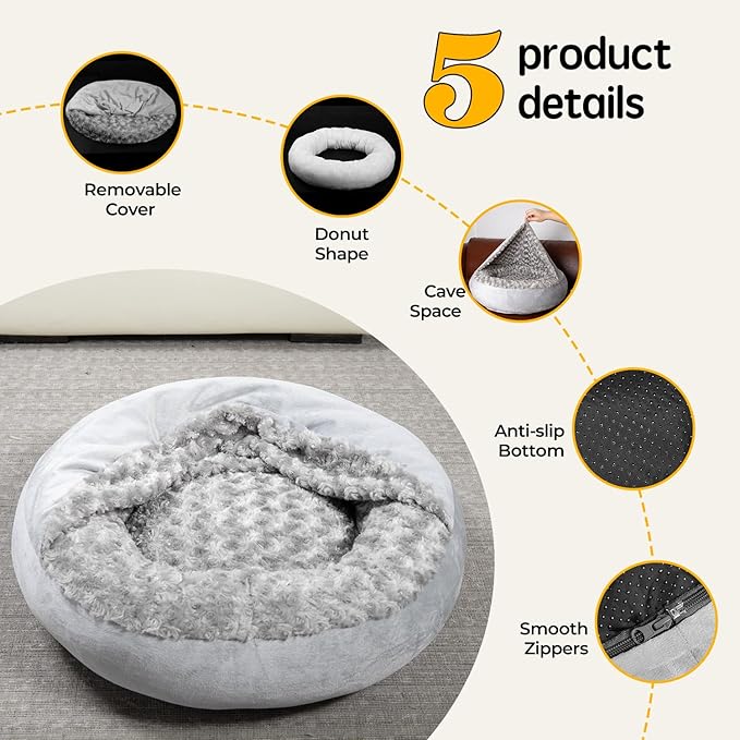 Cave Dog Bed with Blanket Donut Round Plush Cozy Cat Pet Bed for Puppy Machine Washable Removable Cover Cat Toy Anti-Slip Bottom Gray 26X26X8 inch