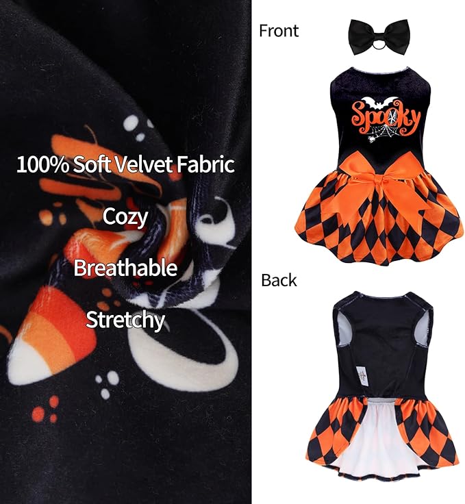 CuteBone Halloween Dog Dresses Velvet Holiday Small Dogs Clothes Onesie Pet Apparel Girl Puppy Skirt with Bow Hair Rope CVA42M-D