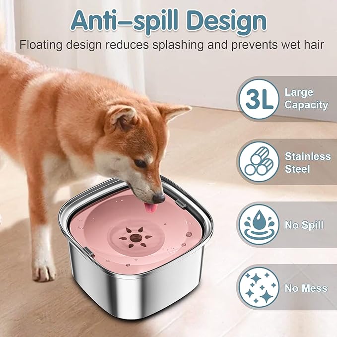 UPSKY 3L Dog Water Bowl 101oz Stainless Steel No Spill Large Capacity Dog Food Water Bowl Slow Water Feeder, Spill Proof Pet Water Dispenser Vehicle Carried Travel Water Bowls