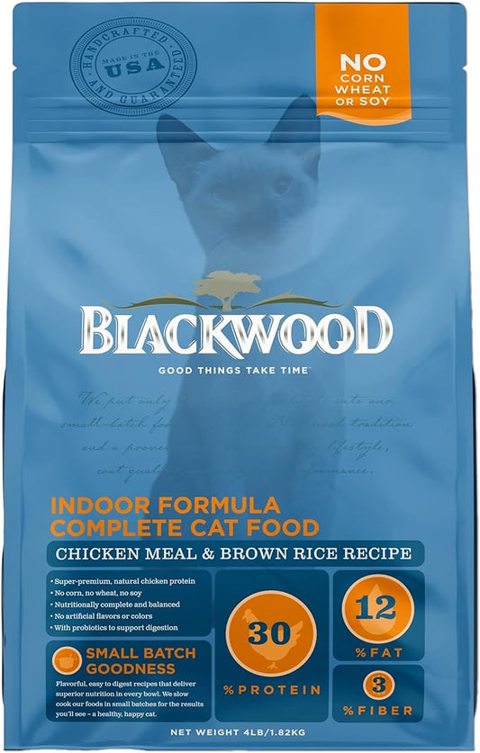 Blackwood Dry Cat Food, Indoor Formula, Chicken Meal & Brown Rice Recipe, 4 Pound Bag, High Protein, Slow Cooked