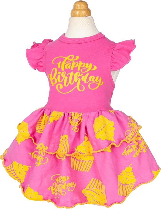 Fitwarm Happy Birthday Dog Tiered Dress, Dog Clothes for Small Dogs Girl, Pet Birthday Outfit, Doggy Apparel, Yellow, Rose Pink, XXS