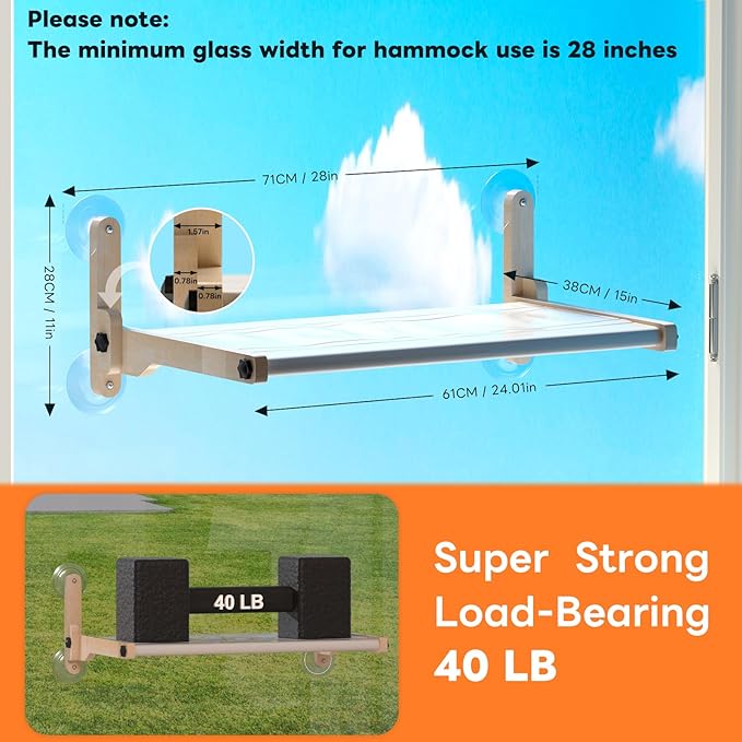 Foldable Cat Window Bed, Solidwood Cat Window Perch with Suction Cups, Heavy Duty Cordless Hammock Seat for Indoor Cats (Large Size)