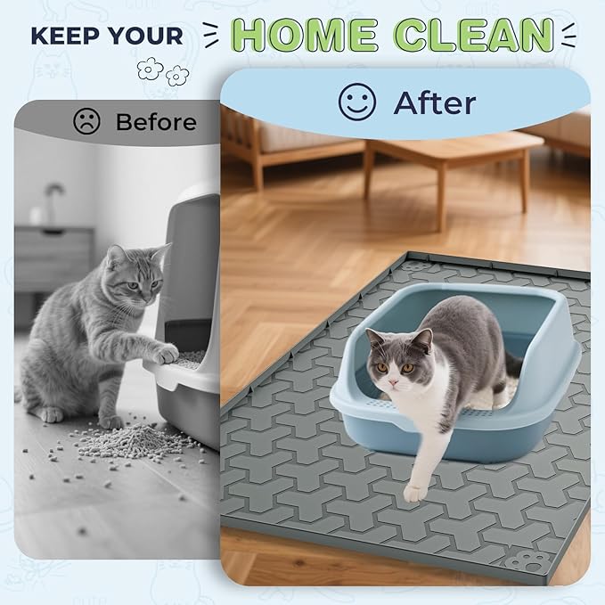 Silicone Cat Litter Mat for Litter Box - 34" X 22"Waterproof Urine - Proof Mat, Non - Slip Trapping Pad to Keep Floor Clean, Easy to Clean Cat Floor Mat（Deep Gray