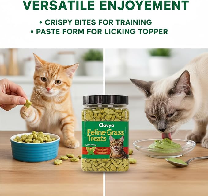 Feline Grass Treats, Cat Grass Treats for Indoor Cats, Lickable Cat Treat Hairball Control, Crunchy Training Biscuits for Cats Supports Skin & Coat