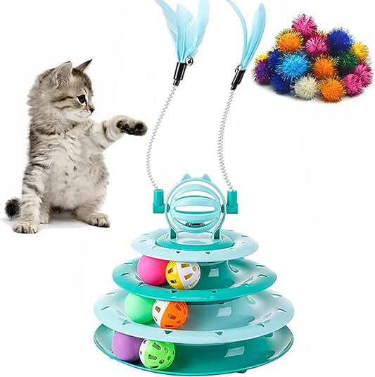 Vealind Cat Toy Roller 4-Level Turntable Cat Toys Balls with Colorful Pom Pom Balls Interactive Fun Mental Physical Exercise Puzzle Kitten Toys (Green)