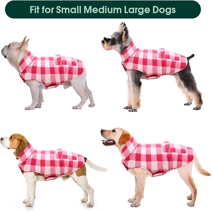Kuoser Dog Winter Coat, Windproof Dog Fleece Jacket British Style Plaid Cold Weather Doggie Vest Coats, Reversible Cozy Warm Puppy Clothes Pet Apparel for Small Dogs S