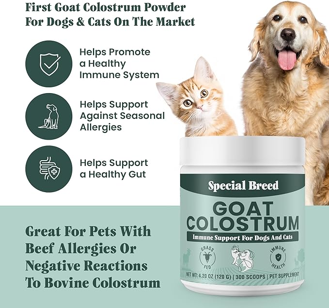 Special Breed Goat Colostrum for Dogs and Cats, Immune Support Supplement for Allergy and Itch Relief, Grass Fed Colostrum Powder - 300 Scoops