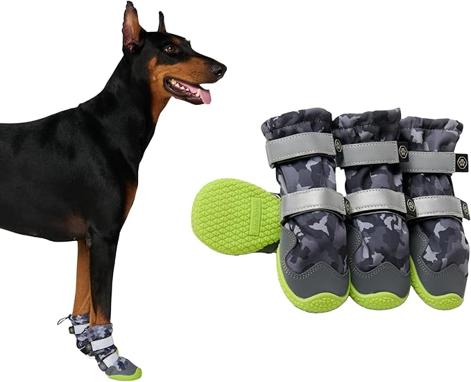 Spark Paws Dog Shoes, Waterproof Dog Boots for Medium to Large Dogs, Non Slip, Breathable Dog Booties and Paw Protectors - 4PCS Doggie Hiking Boots with Reflective Straps, Gray Camo, Size 6