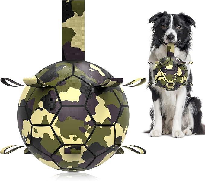 QDAN Dog Toys Soccer Ball, Interactive Toys for Tug of War, Dog Water Toy, Durable Dog Balls for Medium Large Dogs, Camouflage(8 inch)