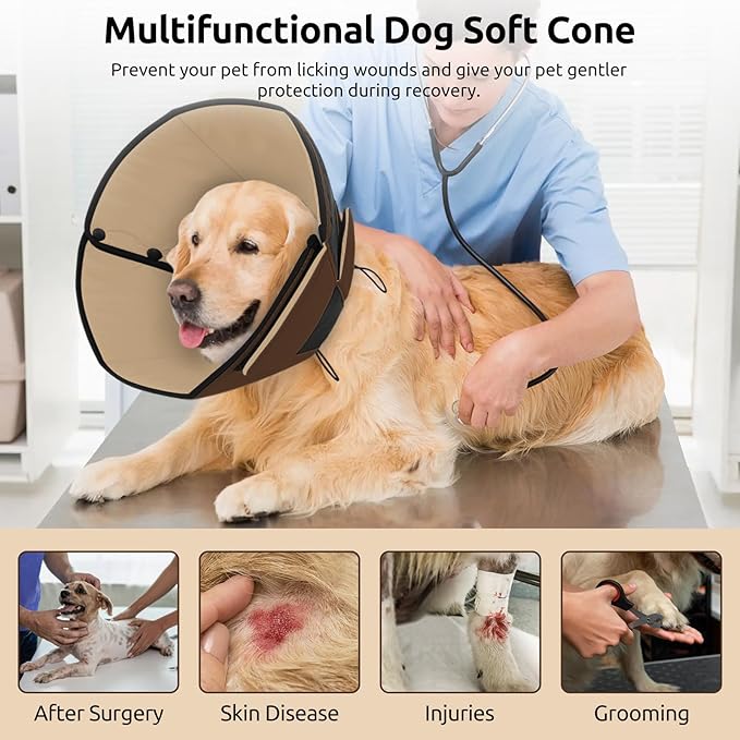 Queenmore Dog Cone XL, Soft Dog Cones for Large Dogs After Surgery, Cone for Dogs to Stop Licking, Elizabethan Collar for Pet, Alternative to Recovery Collar for Large Breeds, Brown XL