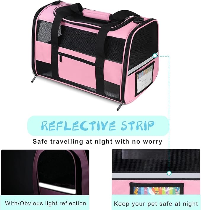 Cat Carrier, Dog Carrier, Pet Carrier for Small Dogs Medium Cats Puppies Under 15 Lbs, TSA Airline Approved Carrier Soft Sided Dog Travel Carriers, Cat Carriers with Reflective Strip - Pink