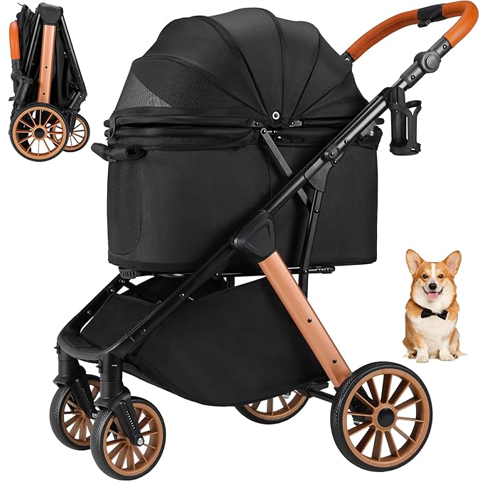 MAMIZO Foldable Dog Stroller for Medium Small Dogs Cats Up to 55 Lbs, Aluminum and Carbon Steel Frame Pet Stroller, Height-Adjustable Handle Puppy Strollers with Zipperless Design, Shock Absorbers