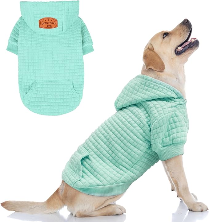 BEAUTYZOO Small Dog Hoodie Sweater with Pockets, Dog Clothes for Small Medium Dogs Boy Girl, Waffle-Like Laminated Cotton Pet Coats with Hat and Leash Hole, Mint Green L