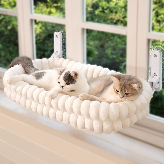 CHEERPALS Cat Window Perch for Indoor Cats Hammock for Window with Reversible Cushion, Foldable Cat Window Bed for Large Cats and Kittens(White,Large)