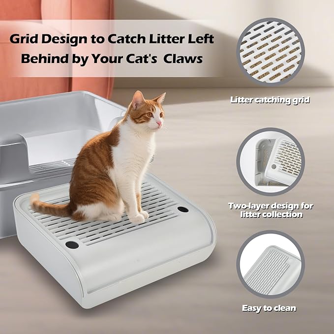 SpaceTime Waterproof Elevated Cat Litter Trapping Mat for Litter Box,Cat Ramp/Step Double-Layer Litter Catcher Pad with Filter Function for Floor,Easy to Clean,Ideal for Kitten & Senior Cats(Grey)