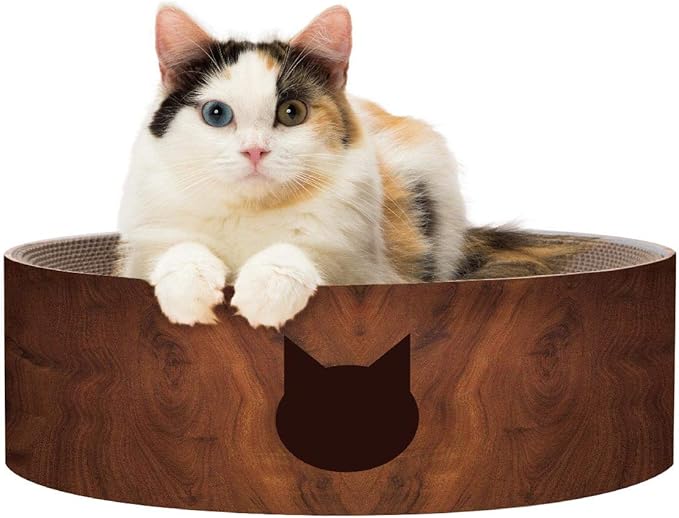 Necoichi Cat Scratcher Bowl for Indoor Cats - Cat Scratching Lounger with Reversible Usability and Extra Comfort for Lounge, Cardboard Bed Couch / (Regular, Dark Cherry)