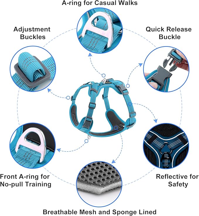 Plutus Pet No Pull Dog Harness, Release at Neck, Soft Padded, Reflective Adjustable Dog Vest Harness for Small, Medium, Large Dogs(Light Blue, L)