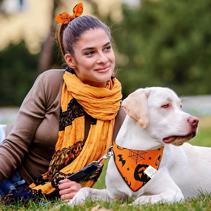 E-Clover Halloween Dog Bandanas & Matching Scrunchie Set Pumpkin Dog Bandana Triangle Pet Bibs Scarf Outfit for Small Medium Large Dogs Owner Orange Fall