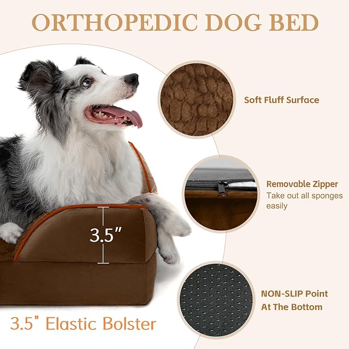 Comfort Expression Orthopedic Dog Bed for Small Dogs 24x16 Inch, Waterproof Supportive Egg Crate Foam Small Pet Bed with Removable Bolsters, Dog Couch with Washable Cover & Non-Slip Bottom, Dark Brown