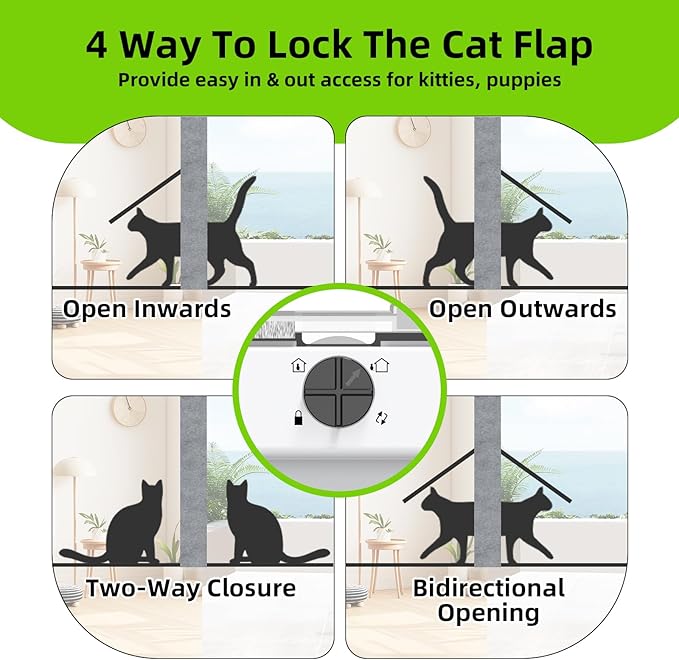Cat Door for Window, Aluminum Cat Door Window Insert with 4 Secure Lock Modes, Magnectic Closure for Cats, Fit Window Width 28"-32", White