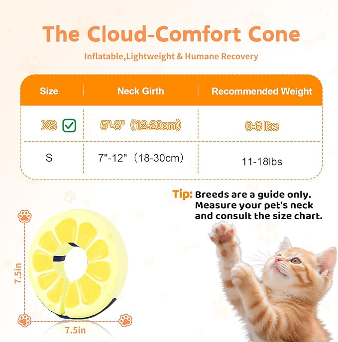 Adjustable Inflatable Dog Cat Cone Collar for Surgery Recovery, Soft Cone for Dogs & Cats, Portable & Washable Dog Donut Collar, Small Cat Cone E Collar (Yellow XS)