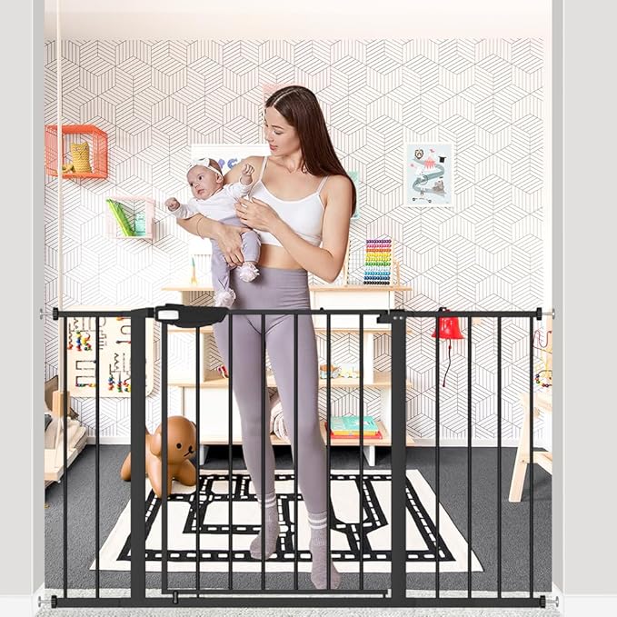DEARBB Triple Lock Baby Gate for Stairs Doorways and House 31" to 86" Extra Wide Pressure Mounted Easy Walk Through Auto Close Safety Pet Gate Black 31.1-48.42"