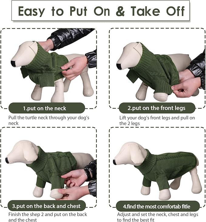 Queenmore Small Dog Pullover Sweater, Cold Weather Cable Knitwear, Classic Turtleneck Thick Warm Clothes for Chihuahua, Bulldog, Dachshund, Pug (Army Green, Small)