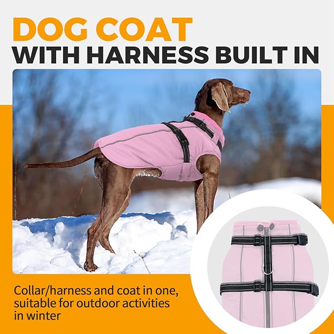 Lelepet Dog Coat for Large Dogs Waterproof Dog Jacket with Harness Built in Reflective Fleece Jacket with Zip Windproof Cold Weather Coats for Dogs Cozy Thermal Pet Snowsuit, Weimaraner, Pink, XXL