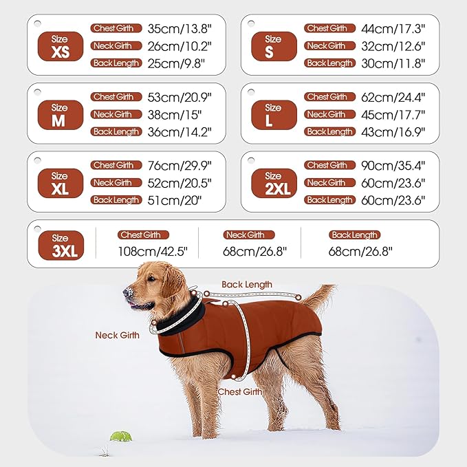 IDOMIK Waterproof Dog Winter Coat, Reflective Warm Dog Puffer Jacket with Harness Hole, Adjustable Lightweight Snow Jacket with Turtleneck, Pet Cold Weather Coats for Medium Dogs,Caramel,L