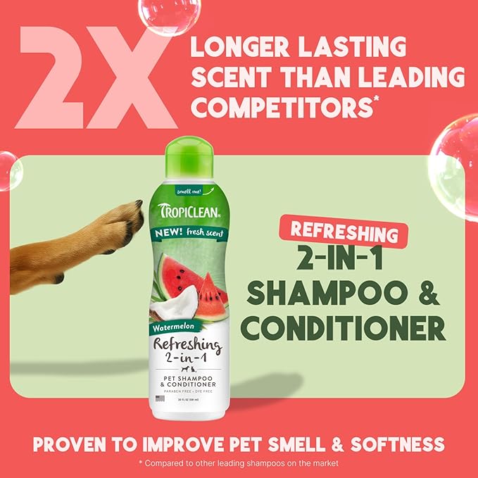 TropiClean Watermelon Refreshing 2-in-1 Cat & Dog Shampoo and Conditioner | Cat & Dog Bath Supplies | 20 oz | Made in The USA