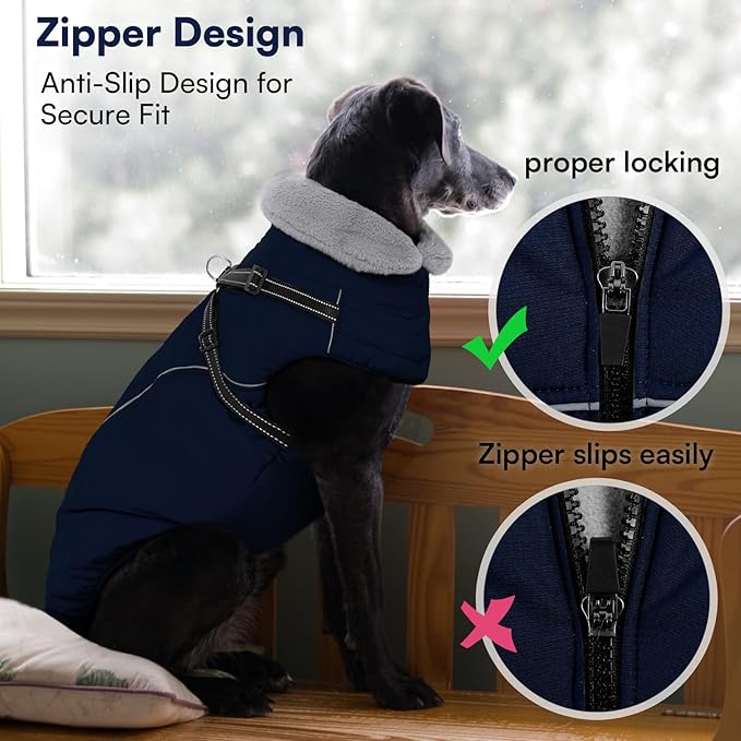 Queenmore Dog Jackets for Large Dogs,Dog Coat with Harness Built in,Waterproof Dogs Coats with Zipper On Back,Warm Fleece Lining Cold Weather Pet Coats with Furry Collar for Labrador,NavyBlue,XL
