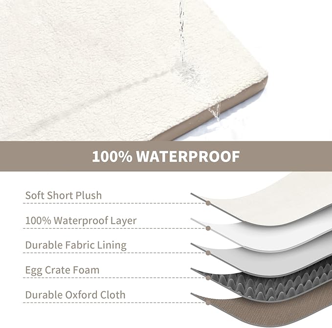 Orthopedic Dog Bed for Medium Dogs - Waterproof & Machine Washable with Egg Crate Foam, Removable Deluxe Plush Cover, 30x20 Inch, Khaki White