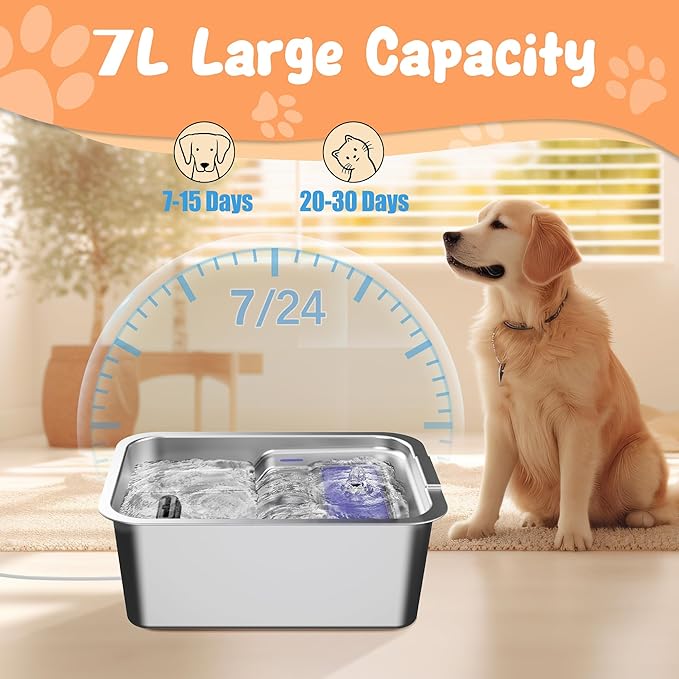 Stainless Steel Dog Fountain, 7L/10L Large Capacity Automatic Water Dispenser with 5 Filters, LED Indicator, Silent Pump for Medium to Large Cats Dogs and Multi-Pet Home (7L Fountian)