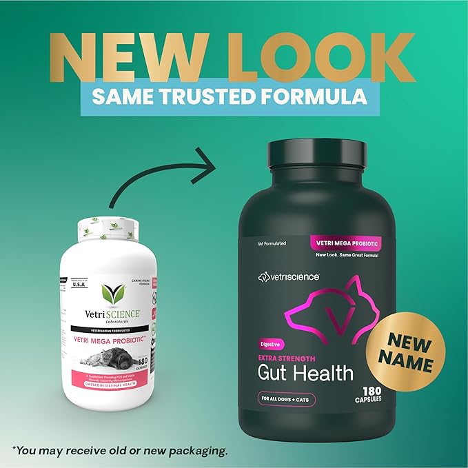 VetriScience Extra Strength Gut Health Probiotic & Prebiotic Digestive Supplements for Dogs & Cats, Gas & Diarrhea & Immune Support, Easy-Open Capsules, 180 Count - New Look