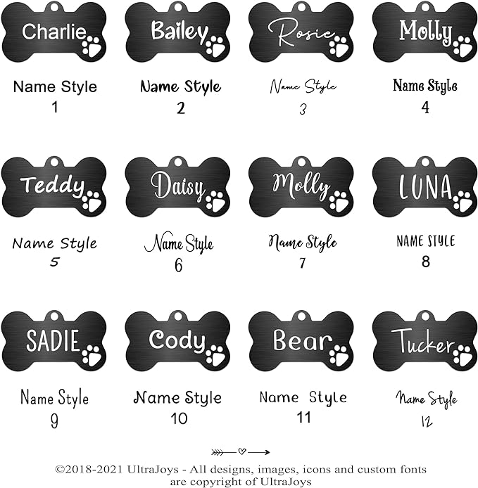 Ultra Joys Dog Tags Personalized for Pets - Hollow Paw Custom Pet ID Tag - Engraved Dog Tag for Small, Large Dogs - Large Bone in Black