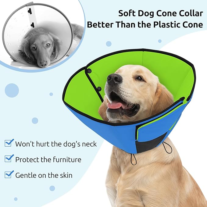 Queenmore Dog Cones for Medium Dogs, Soft Dog Cone Collar After Surgery, Pet Cone for Dogs Wound Care, Spay, Neuter, Breathable Pet Surgery Collars & Cones, Blue&Green M