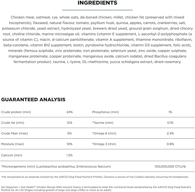 Go! Solutions Digestion + Gut Health, Dry Dog Food, Chicken Recipe with Ancient Grains, 22 lb Bag