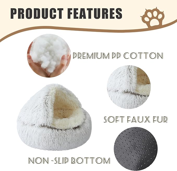Round Plush Hooded Cat Bed, Cozy Nest Dog Beds, Cats Bed Calming Puppy Doughnut Beds with Cover Cave, Anti-Slip Bottom Washable Pets Sleeping Bag (White, L, 27.6×27.6Inch)