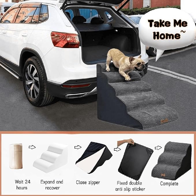 5-Step Dog Stairs for 23 Inch High Beds & 20-30 Inch Couch Bed, Non-Slip Balanced Indoor Pet Ramp Stairs for Small Old Large Dogs Cats to Get on Bed 30D
