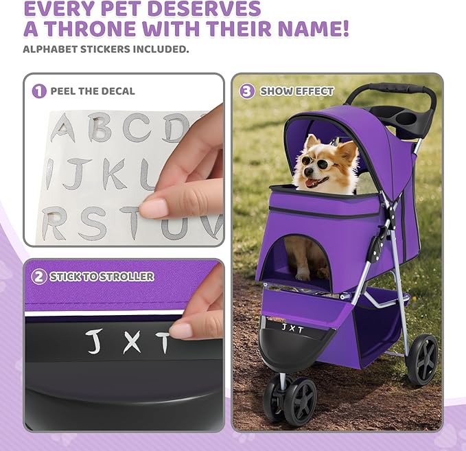 Magshion 3-Wheel Pet Stroller, Foldable Travel Jogger for Small & Medium Dogs & Cats (Up to 33lbs), Lightweight Carrier with Breathable Mesh Cover, Cup Holder & Storage Basket, Purple