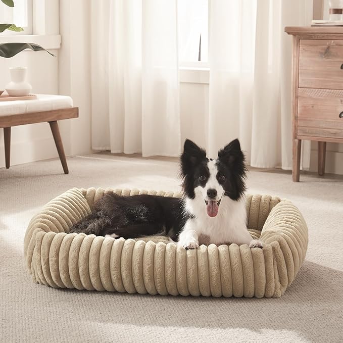 Dog Beds for Small Dogs, Washable Orthopedic Dog Bed with Removable Cover, Rectangle Soft Calming Sleeping Puppy Bed Durable Pet Cuddler with Anti-Slip Bottom, 20"x19"x6" Beige