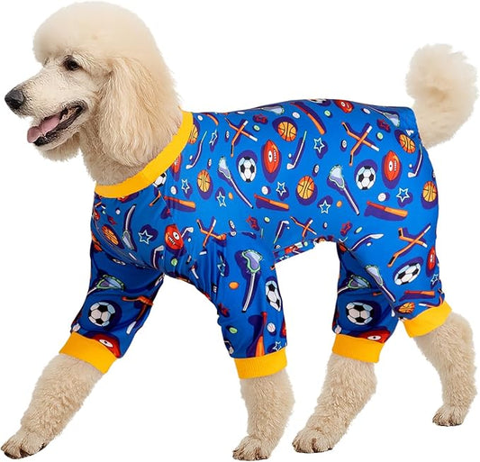LovinPet Large Dog Onesies for Surgery Recovery, Dog Pajamas for Large Dogs,Lightweight Stretchy Fabric,Blue Sports Print,Dog Pajamas for Surgery Recovery, Easy to Wear, Onesies for Dogs, XL